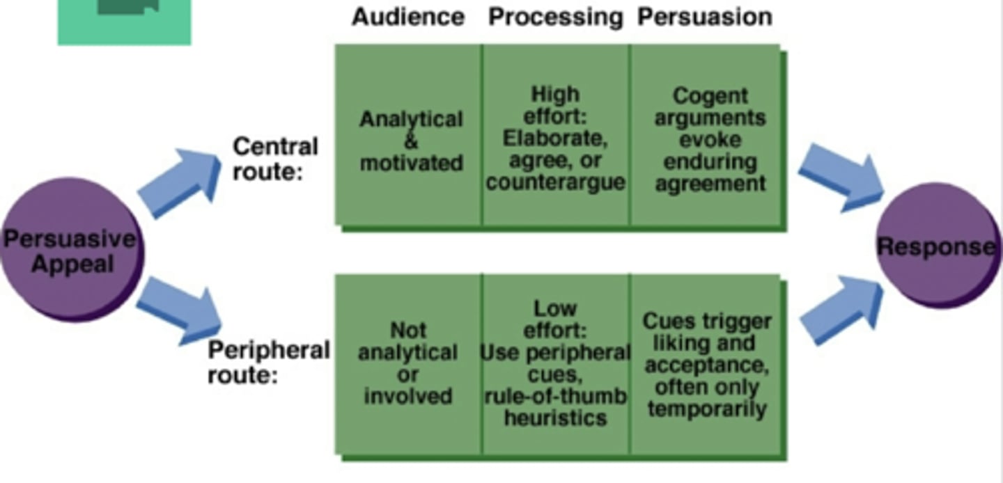 <p>Peripheral Route (Automatic, Default)</p><p>Low-effort. We rely on quick cues: "This person looks confident," or "They made me laugh, so I believe them."</p><p>Leads to temporary attitude shifts—ephemeral liking that quickly fades.</p><p>This is most common in advertising: entertaining, simple messages with minimal info.</p><p>Central Route (Controlled)</p><p>High-effort. We’re motivated, have the time and mental resources to think carefully about arguments and evidence.</p><p>More enduring attitude change—long-lasting and more predictive of behavior change.</p><p>Harder to achieve because people need to be engaged and willing to process</p>