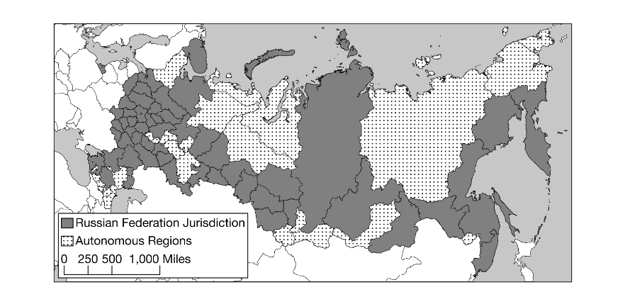 <p><span>Compare the centralized power of the Soviet Union with the contemporary Russian Federation, in terms of the control of territory. Which of the following statements does the information in the map best support?</span></p><p><span>A. Russia is a global power with concentrated power in East Asia.</span></p><p><span>B. Russia is a multistate nation made up of numerous sovereign independent entities.</span></p><p><span>C. Russia’s autonomous regions illustrate a strategy to counter the difficulty in governing such a large area from a single centralized location.</span></p><p><span>D. Russia is an ethnically diverse region with many subnational units.</span></p><p><span>E. Russia used to control fifteen additional republics that regained their independence in 1990.</span></p>