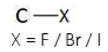 <p>halogen on c (F,Br,I)</p><p>fluoro- , bromo- , iodo-</p>