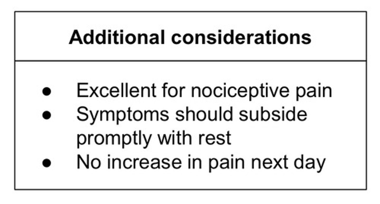 <p>>5/10 pain= red</p><p>3 to 5/10 pain= yellow</p><p><3/10 pain= green</p>