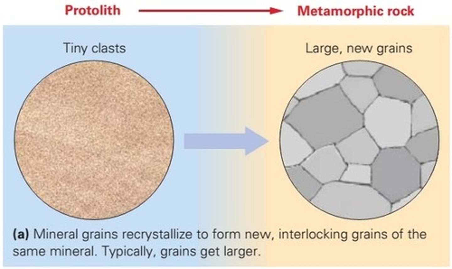 <p>original mineral crystals re-grow and become bigger (change shape and size) but they remain the same minerals (same composition and same crystal structure). In the example below - the recrystallization of sandstone</p>