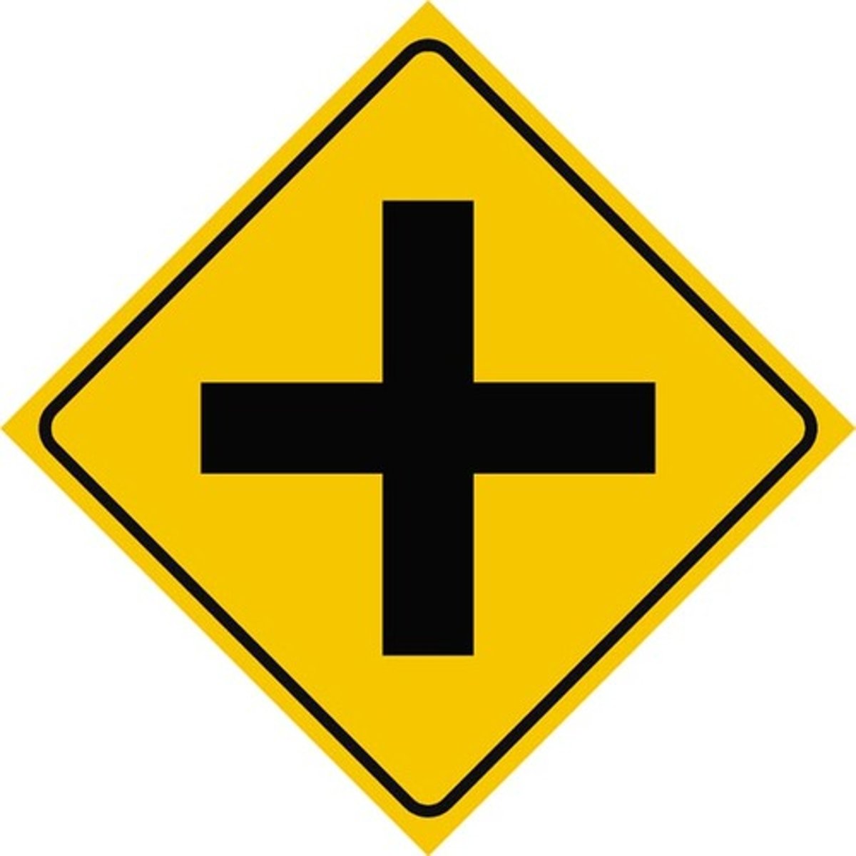 <p>It's a black cross in a yellow diamond. Cross traffic ahead. Slow down, look carefully in all directions.</p>