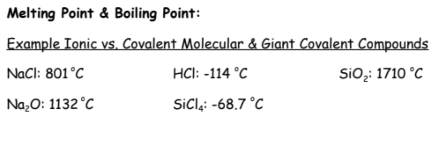 <p>depend on the strength of the attraction between neighbouring particles. Stronger inter-particle attractions lead to higher melting and boiling points</p>