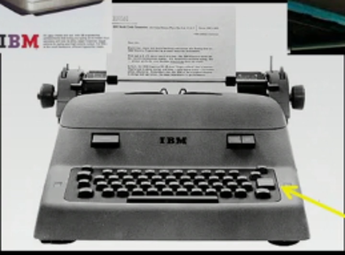 <p>IBM Selectric typewriter, 1961 (stationary carriage; rotating ball)</p><p>Uses rotating ball, fonts can be changed</p><p>Ribbon tape for eraser</p><p>(IBM Exhibit, New York World's Fair, 1964, big typeball)</p><p>Automatic platen using return key</p>