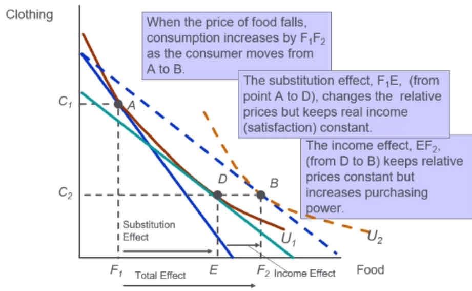 <p>Change from point A to point B is the total effect of the decrease in price</p><ul><li><p>How much of that increase of food demanded is due to the income effect; consumer feels richer and how much of the increase in food demanded is because of the substitution effect&nbsp;</p></li><li><p><strong><em>Second indifference curve is drawn lower on the budget constraint as there is both a positive income and substitution effect</em></strong></p></li></ul>