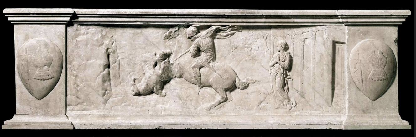 <p>Saint George</p><ul><li><p>Donatello</p></li><li><p>Marble 1415-17</p></li><li><p>Commission: arte dei Corazzi e Spadai, Guild of Armourers and Swordsmiths</p></li><li><p>Full of energy, ready for battle, modern soldier</p></li><li><p>No more idealization</p></li><li><p>Donatello has met reality, seeing with a new perspective</p></li><li><p>Giving portrait of single person, celebrates everyone</p></li><li><p>Ancient culture suggested Donatello’s new art should be more realistic to celebrate and respect people through showing individuality&nbsp;</p></li><li><p>Modern revolution within art</p></li><li><p>Roman portrait was very technical</p></li><li><p>Predella or the lower part of an altarpiece</p><ul><li><p>narrative part of sacred image</p></li><li><p>lower part showing their action or their life</p></li><li><p>St George battling the dragon and the liberation of the princess</p></li><li><p>Scene describes through marble with certain atmospheric senstivity</p></li><li><p>Details: wind being blown, elegance of princess and 3 dimensional draperies, her knee</p></li><li><p>Landscape is incredible, cloudy sky, trees being blown by the wind, building behind princess created in a linear perspective</p></li><li><p>May have collabed with Brunaleschi because there is a perfect impression of perspective&nbsp;</p></li><li><p>Open part of building shows hallway in which from this angle we could go inside and walk inside it</p></li><li><p>Space that does not exist but so rigorously created that it looks real</p></li><li><p>Painting effect and depth but with very limited thickness</p></li></ul></li></ul><p></p>