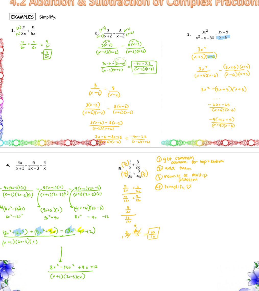<ol><li><p>bigges thing to note is to give each fraction a common denominator so that you can add or multiply. to do this, you will need to multiply the numerator and denominator by the same number that they are missing</p></li><li><p>if given an equation where you are adding two fractions over another 2 fractions, get a common denominator so you can simplify and then KCF to solve</p></li></ol>