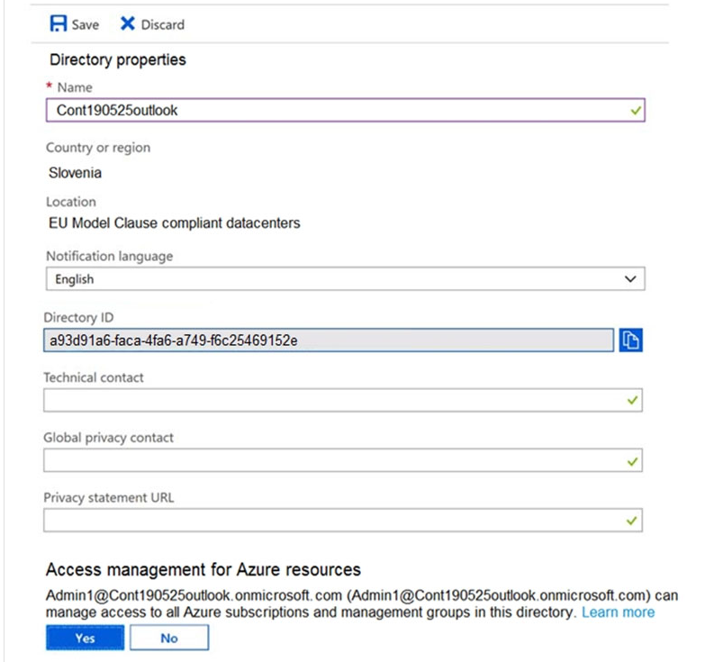 <p><span>You have an Azure Active Directory (Azure AD) tenant that contains three global administrators named Admin1, Admin2, and Admin3.</span><br><span>The tenant is associated to an Azure subscription. Access control for the subscription is configured as shown in the Access control exhibit. (Click the Access</span><br><span>Control tab.)</span><br></p><p><span>You sign in to the Azure portal as Admin1 and configure the tenant as shown in the Tenant exhibit. (Click the Tenant tab.)</span><br></p><p><span>For each of the following statements, select Yes if the statement is true. Otherwise, select No.</span><br></p><p>Admin1 can add Admin2 as an owner of the subscription</p><p>Admin3 can add Admin2 as an owner of the subscription</p><p>Admin2 can create a resource group in the subscription</p>