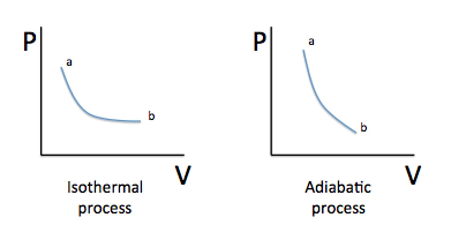 <p>An adiabat is steeper.</p>