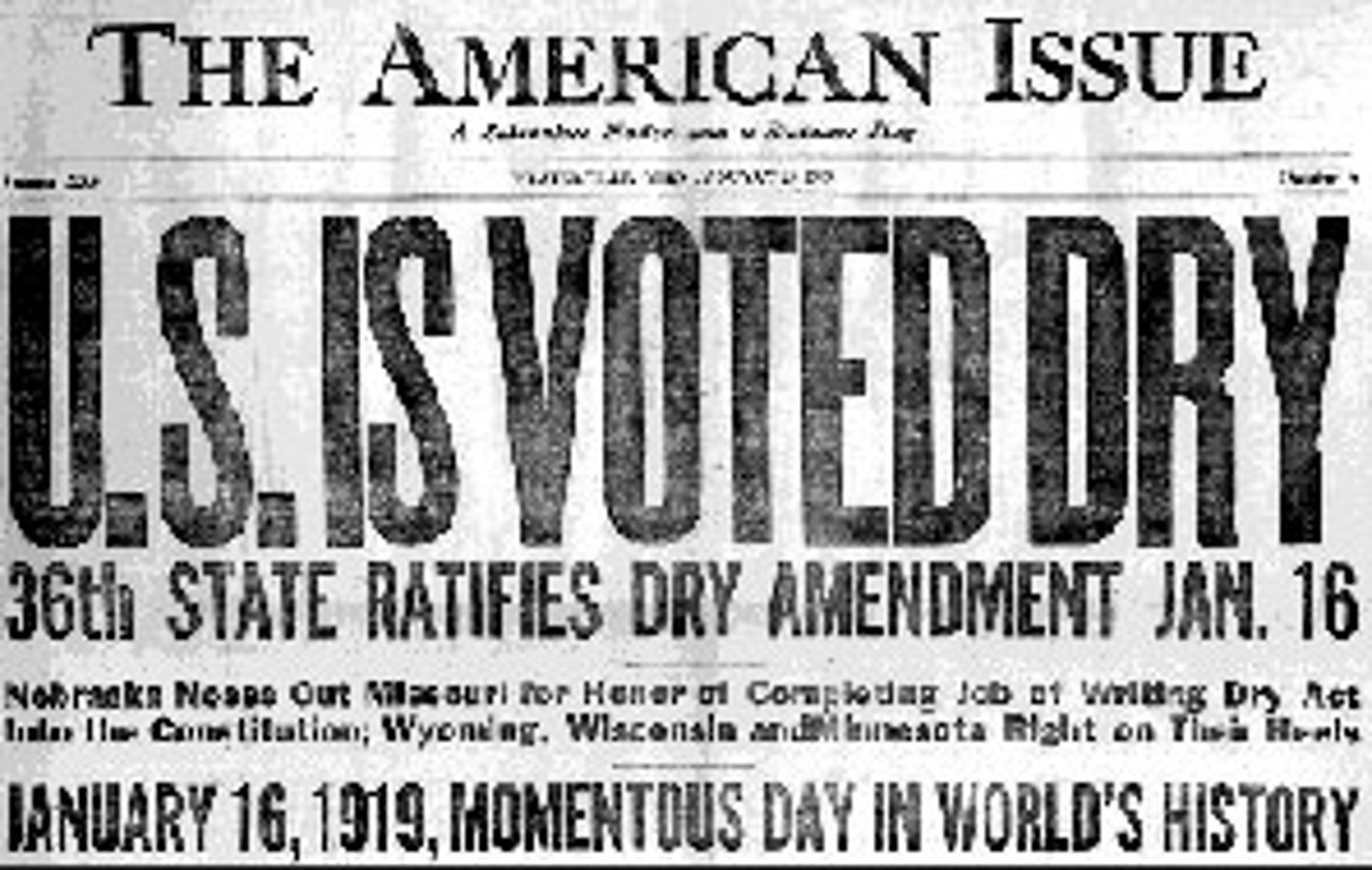 <p>Prohibited the manufacture, sale, and transportation of alcoholic beverages. Support for the amendment came largely from the rural South and West by the mid-1920s only 19% supported Prohibition. Repealed in 1933 with the 21st Amendment.</p>