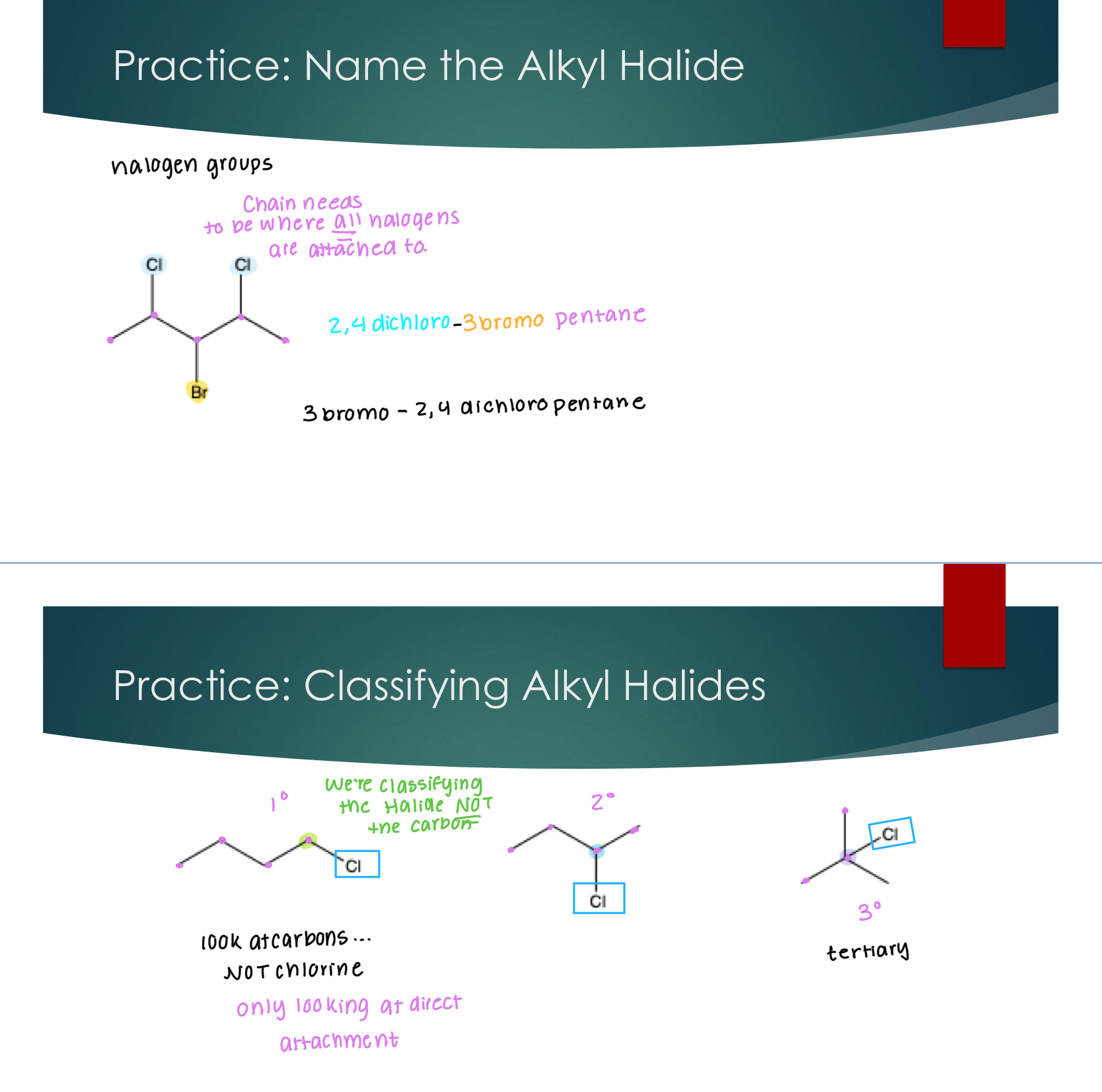 <p>Halogens are even a lower priority than alkanes, so IUPAC naming rules consider the halogen as a substituent</p><p> As a substituent, halogens are named with the ending “o” :</p><p></p><p>Fluorine Chlorine Bromine Iodine</p><p></p>