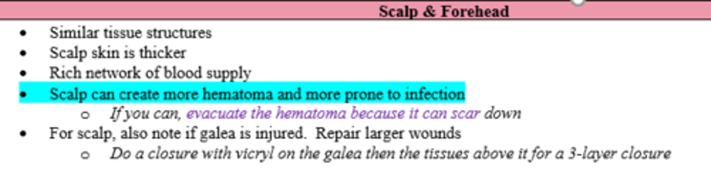 <p>- Note if galea is injured</p><p>- if hematoma present, evacuate so it won't scar down</p>