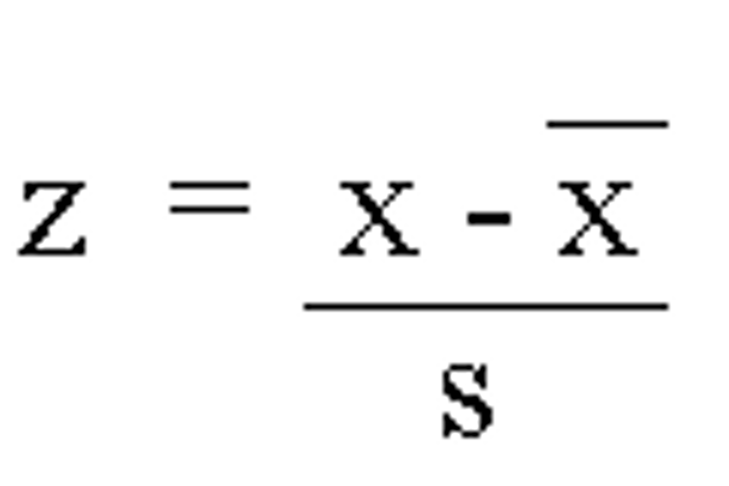 <p>z = (Xi — X̅)/s</p><p>z = Z-score</p><p>Xi = Score needed to be converted to a z-score (raw scores of interest)</p><p>X̅ = Mean of the distribution</p><p>s = Standard deviation of the distribution</p>