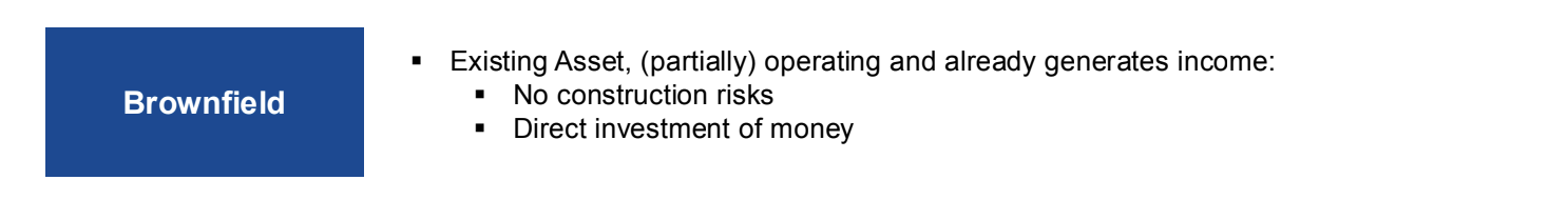 <p>Existing assets that are (partially) operational and already generate income, posing no construction risks.</p>