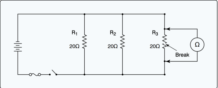 <p>(<span style="color: rgb(0, 0, 0);"><mark data-color="#fbff00" style="background-color: rgb(251, 255, 0); color: inherit;">Refer to Figure 8.</mark></span>) With an ohmmeter connected into the circuit as shown, what will the ohmmeter read?</p>