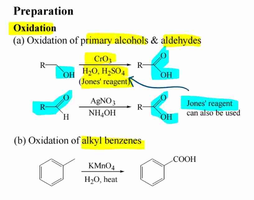 <p>- Primary alcohols and aldehydes oxidize to carboxylic acids.</p><p>- Alkyl benzenes oxidize with KMnO4.</p>