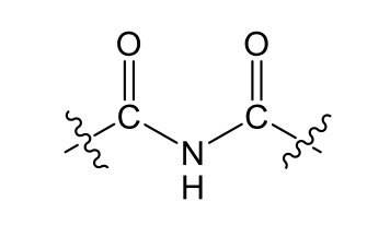<p>D. Nitrogen atoms capable of losing protons (acidic functional</p><p>groups with nitrogen atoms):</p><ol><li><p>Imides: two carbonyl groups around the nitrogen strongly</p><p>withdraw electrons from the nitrogen and the nitrogen in turn</p><p>withdraw electron from the hydrogen leading to acidic property.</p></li></ol><p></p>