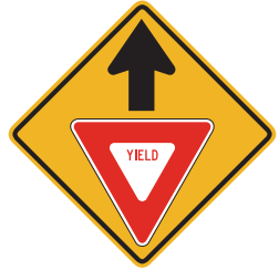 Yield sign ahead. Slow down and be prepared to stop at a yield sign or adjust speed to traffic.