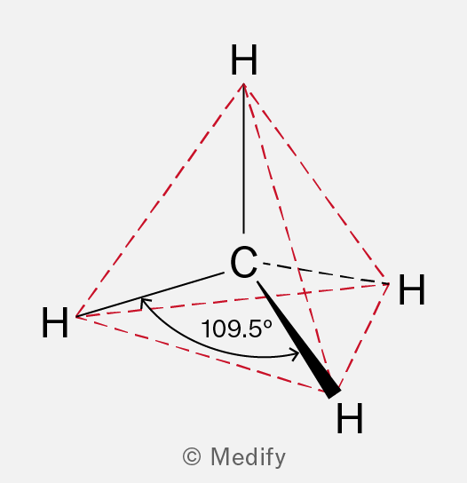 <p>Each carbon in an alkane forms <strong>four σ-bonds</strong> arranged <strong>tetrahedrally</strong> (bond angle ≈ <strong>109.5°</strong>), according to electron pair repulsion theory, to <strong>minimise repulsion between the electron pairs</strong>.<br></p><ul><li><p><strong>Methane (CH₄)</strong> is perfectly tetrahedral.</p></li><li><p>Larger alkanes have a <strong>zig-zag</strong> structure due to rotation around C–C bonds.</p></li></ul><p></p>