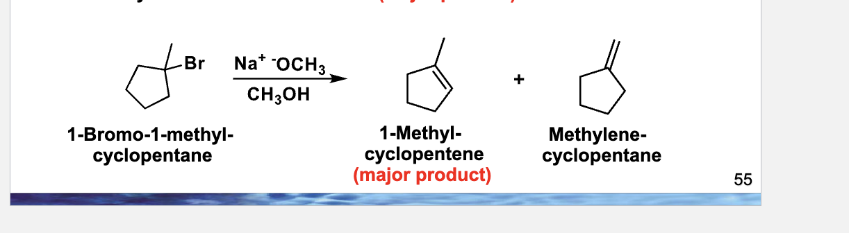 <p><span data-name="red_circle" data-type="emoji">🔴</span> Arrow 1 — Base → β-hydrogen </p><ul><li><p>Arrow starts at <strong>O⁻ of the base</strong></p></li><li><p>Arrow points to the <strong>β-H that gives the inside-ring alkene</strong></p></li></ul><p> </p><p>(Base grabs H)</p><p> </p><div data-type="horizontalRule"><hr></div><p> <span data-name="red_circle" data-type="emoji">🔴</span> Arrow 2 — C–H bond → between carbons </p><ul><li><p>Arrow starts at the <strong>C–H bond</strong></p></li><li><p>Arrow points <strong>between α and β carbons</strong></p></li></ul><p> </p><p>(Electrons form the C=C)</p><p> </p><div data-type="horizontalRule"><hr></div><p> <span data-name="red_circle" data-type="emoji">🔴</span> Arrow 3 — C–Br bond → Br </p><ul><li><p>Arrow starts at <strong>C–Br</strong></p></li><li><p>Arrow points to <strong>Br</strong></p></li></ul><p> </p><p>(Leaving group leaves)</p><p> </p><div data-type="horizontalRule"><hr></div><p> Step 5: Redraw ONLY the products </p><p>You should end with:</p><p> </p><ul><li><p><strong>1-methylcyclopentene</strong> <span data-name="check_mark_button" data-type="emoji">✅</span> (major)</p></li><li><p>Alcohol (MeOH)</p></li><li><p>Br⁻</p></li></ul><p> </p><p>If the double bond is <strong>inside the ring</strong>, you did it right.</p>