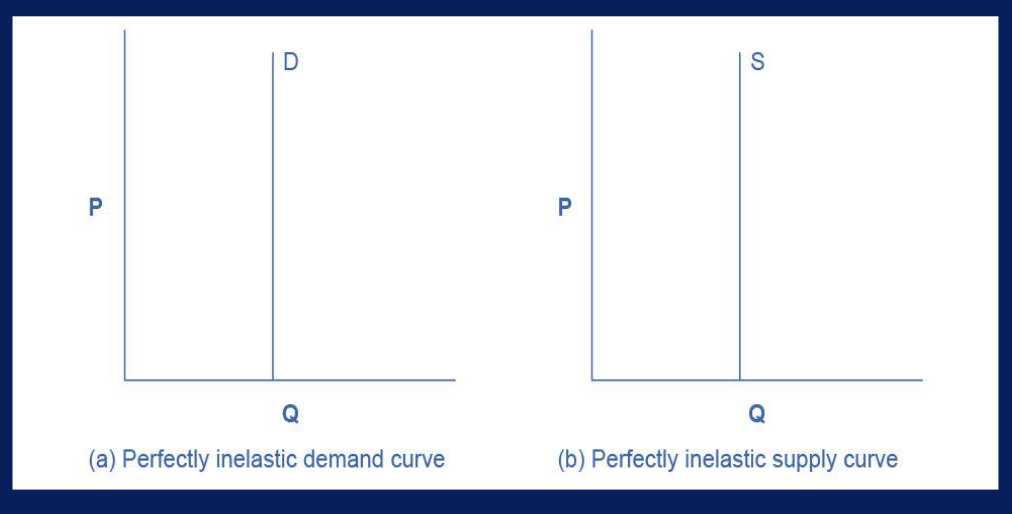 <ul><li><p>extreme case</p></li><li><p>alternatively, necessities with no close substitutes are are likely to have highly inelastic demand curves (e.g., life-saving drugs and gasoline)</p><ul><li><p>% change of gasoline price affects courier service</p></li></ul></li><li><p>ex., if demand curve for a life-saving medicine or gasoline are perfectly inelastic, then a reduction in supply will cause the equilibrium price to rise and the equilibrium qty (qty demanded) to stay the same</p></li><li><p>zero elasticity is the vertical supply curve and vertical demand curve show that there will be zero percentage change in qty demanded or supplied, regardless of the price</p></li></ul><p></p>