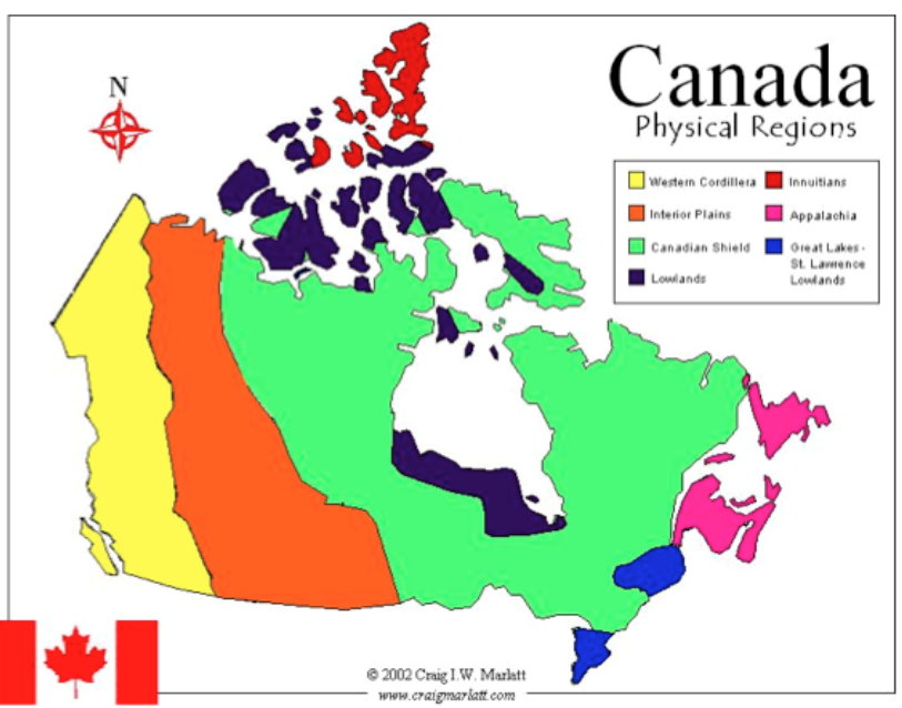 <ol><li><p>Western Cordillera</p></li><li><p>Appalachian mountains</p></li><li><p>Great Lakes/St. Lawrence</p></li><li><p>Canadian Shield</p></li><li><p>Interior Plains</p></li><li><p>Innuitian mountains</p></li><li><p>Hudson Bay and Arctic Lowlands</p></li></ol>
