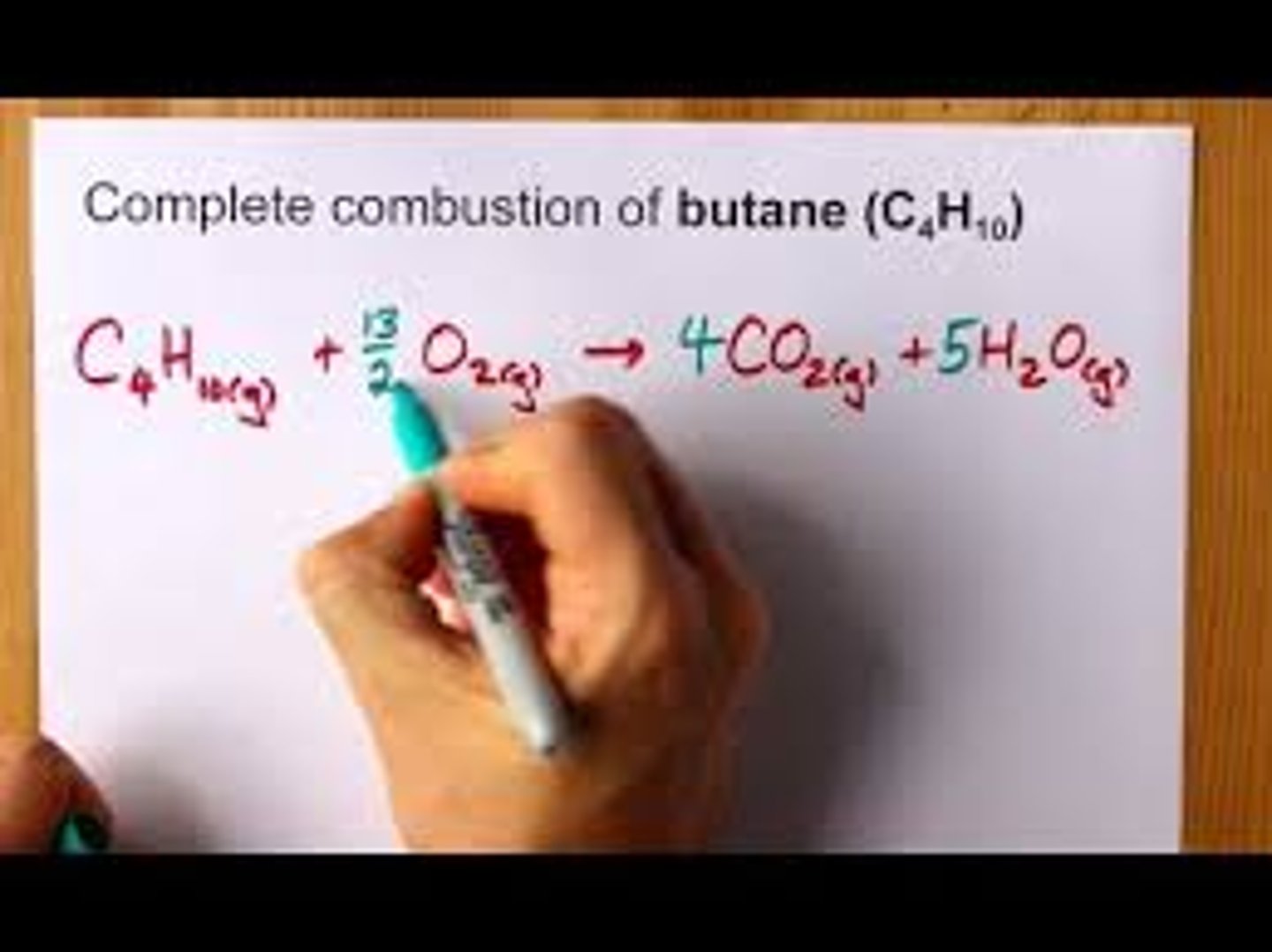 <p>complete combustion of butane C4H10</p>