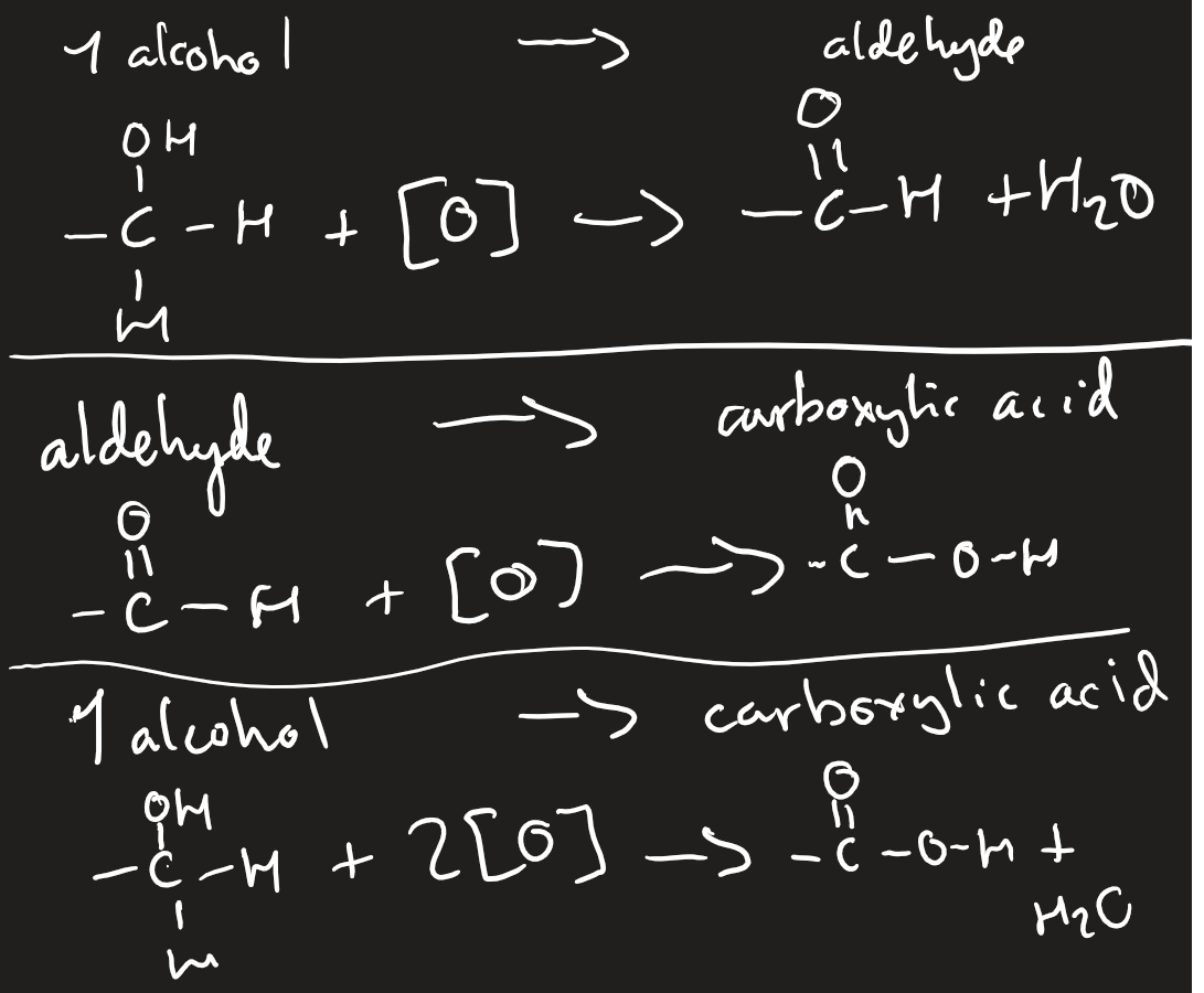 <p>acidified potassium dichromate (VI)</p><p>with sulfuric acid catalyst </p><p>heat to boiling point to go to aldehyde and immediately distil off</p><p>reflex - heating to boiling point for prolonged period of time for carboxylic acid</p>