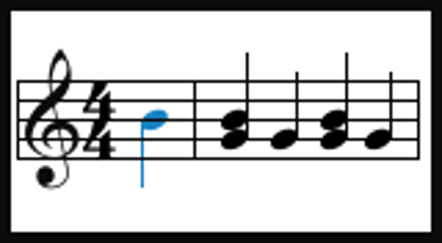 <p>an unstressed note or group of notes at the start of a phrase</p>