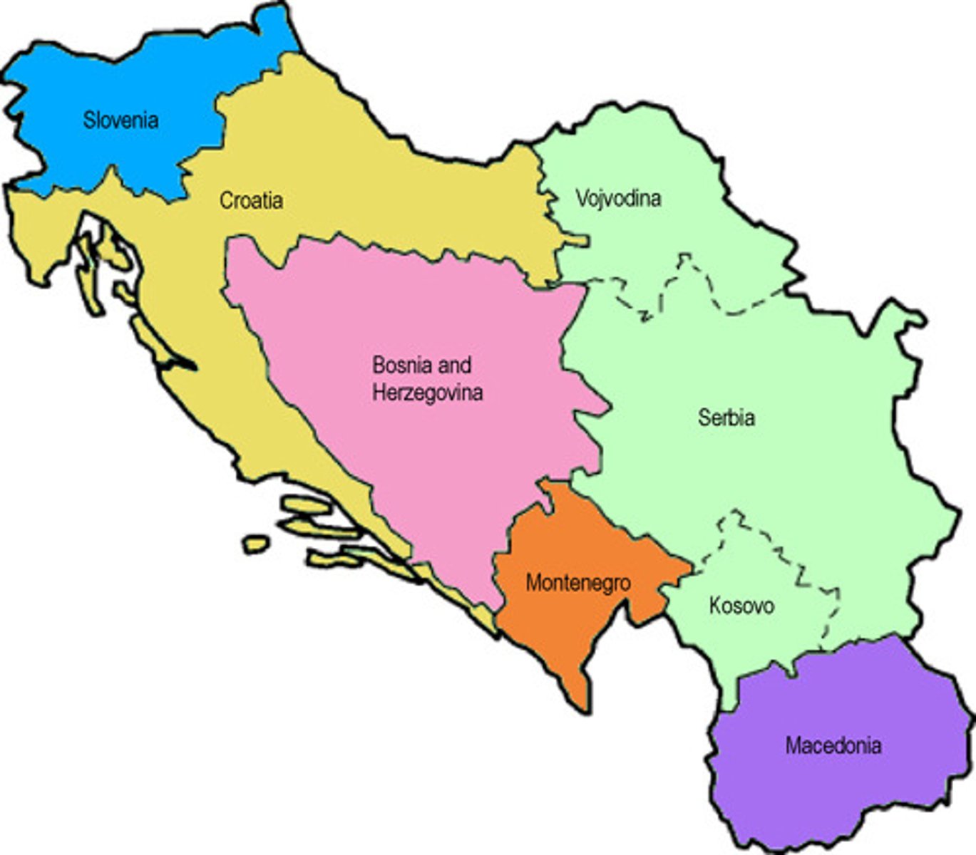 <p>The Balkan nations were united as "Yugoslavia" during the Cold War. When communism collapsed after 1990 the country broke up into multiple new states, with lots of conflict.</p>