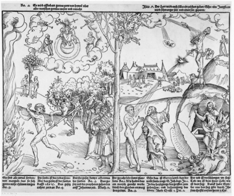 <p>(Unit 3 Chapter 14 - Northern Renaissance (c. 1400 - 1600 CE)) <strong>#79: Allegory of Law and Grace</strong></p><ul><li><p>VOCABULARY: Lutheranism</p></li></ul><p></p>