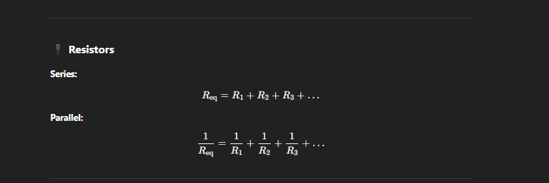 <img src="https://knowt-user-attachments.s3.amazonaws.com/2f84cb56-b5ae-42e2-ac32-cb15ef88de16.png" data-width="100%" data-align="center"><img src="https://knowt-user-attachments.s3.amazonaws.com/e075647e-792d-45e1-ab61-cd578e0802df.png" data-width="100%" data-align="center"><img src="https://knowt-user-attachments.s3.amazonaws.com/3d552a12-01c6-49be-8185-5afcbeabb6d7.png" data-width="100%" data-align="center"><p><strong>Adding In series:</strong></p><p>Calculate new voltage (if you know the voltage in both before just add those together), but the current before is same after</p><p></p><p><strong>Adding in parallel:</strong></p><p>Voltage Before is same after (<strong>You cannot parallel connect two points that have different voltages without something bad happening.</strong>), Calculate the new current</p><p></p><p>Use Ohms law to calculate</p><img src="https://knowt-user-attachments.s3.amazonaws.com/569a0d9c-e070-45e1-a734-8e2bb23832e3.png" data-width="100%" data-align="center"><img src="https://knowt-user-attachments.s3.amazonaws.com/4fd275c8-1803-4172-82a8-ab521d99c5b7.png" data-width="100%" data-align="center"><img src="https://knowt-user-attachments.s3.amazonaws.com/1457beac-74df-4bd8-9535-51c2c2a0bd72.png" data-width="100%" data-align="center"><p>The circuit goes clockwise so yeah and just find a direct path to find potential difference 2 points.</p>