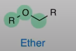 <p>Oxyen directly bonded to 2 carbon chains</p><p>NEVER double bonded O (thats ester)</p><p></p>
