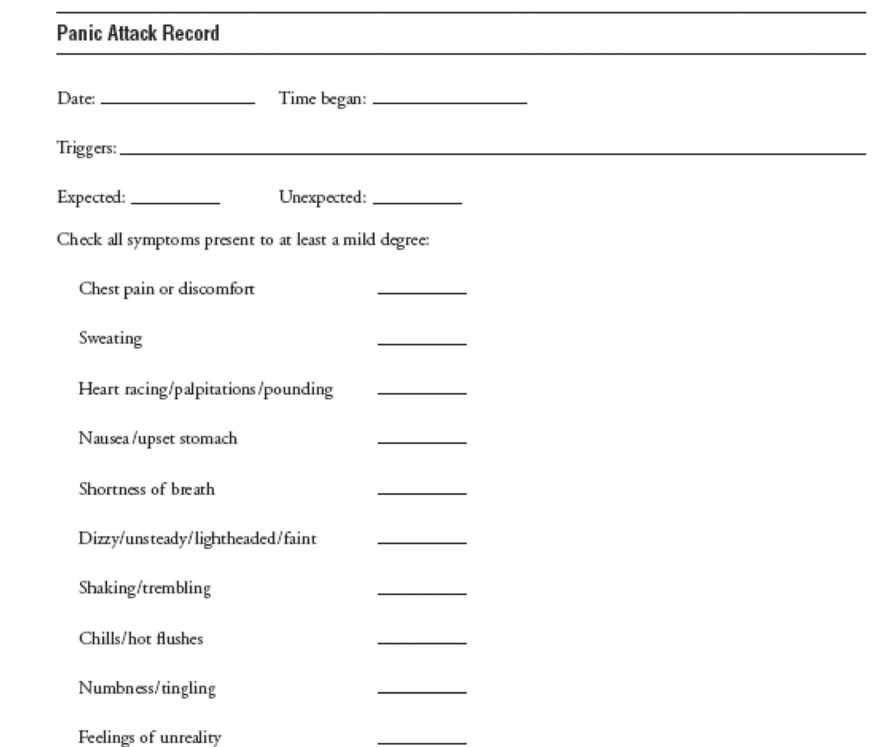 - 12-15 sessions 
- psychoeducation 
- self monitoring of panic attack and thoughts 
- exposure therapy (interceptive exposure: expose to feared sensations through caffeine--> habituate clients to feared sensations) 