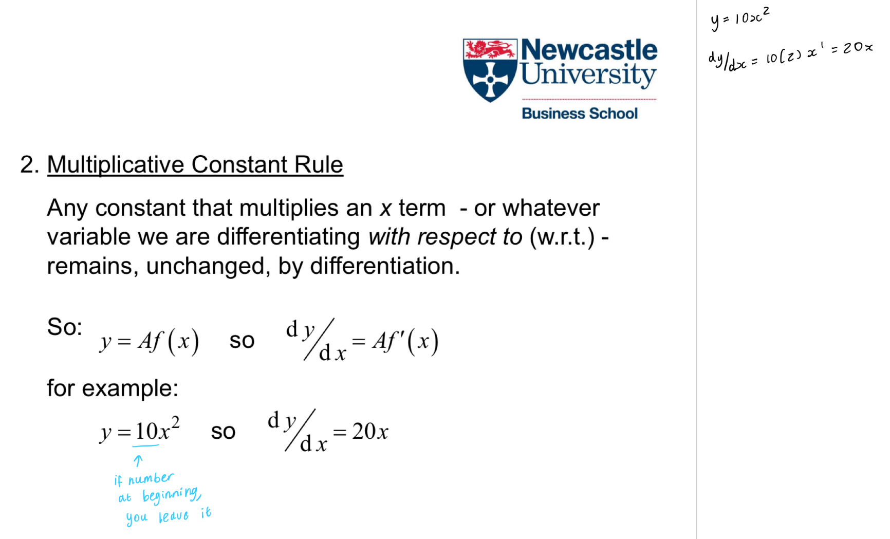 <p>any constant that multiplies an x term remains unchanged when differentiated (just times by power)</p>