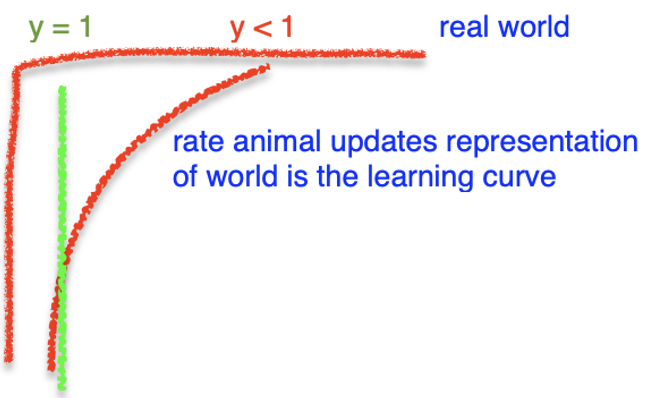 <p>• learning rate x prediction error = something to change in state of animals brain, very economical way of representing the animals world</p><p>• prediction error = difference between our model of world and actual model</p><p>• model of world, want gamma less than 1 so that we gradually bring our model closer to real world</p><p>• ultimate aim of system is to adapt to environment, learning rate x prediction is algorithm neurons firing together is mechanical way this is achieved, assumes learning is passive</p>