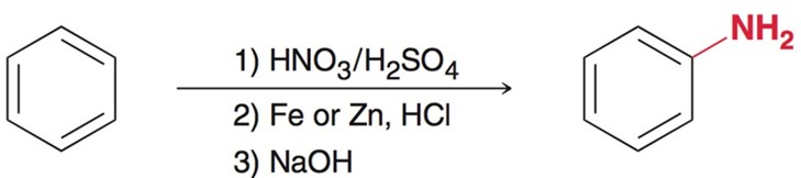 <ol><li><p>HNO<sub>3</sub>/ H<sub>2</sub>SO<sub>4</sub></p></li><li><p>Fe or Zn, HCl</p></li><li><p>NaOH</p></li></ol><p></p>