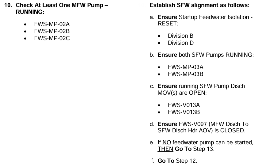 <p>Step 10: Establish ≥1 MFWP through SFW Lines</p><p>RNO: Start BOTH SFWPs through SFW Lines</p>