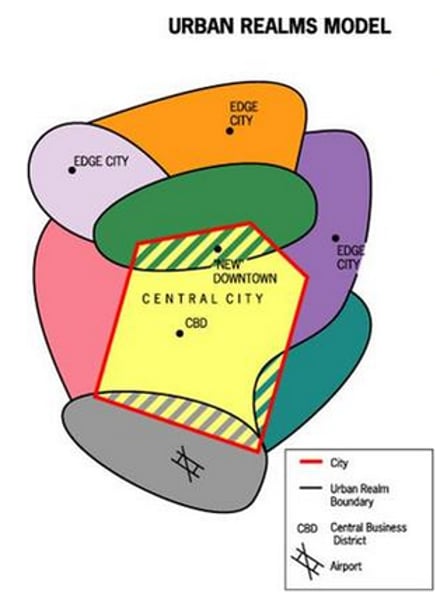 <p>metropolitan areas sprawl in all directions and suburbs take on many of the characteristics of traditional downtowns</p>