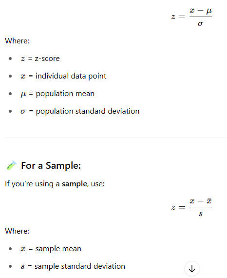 <ul><li><p>The z-score is simply the standardized score</p></li><li><p>It tells how many standard deviations a score is away from the mean (this is not possible using the raw score!)</p></li><li><p>Z = (observed value – mean)/standard deviation</p><ul><li><p>Z = 0 → the observation is exactly at the mean</p></li><li><p>Z = positive → the observation is above the mean</p></li><li><p>Z = negative → the observation is below the mean</p></li></ul></li><li><p>Observations</p><ul><li><p>Mean: 5</p></li><li><p>Variance: 4+0+4/2 = 4</p></li><li><p>SD = SQRT4 = 2</p></li><li><p>Z-transformation: Z formule</p></li><li><p>3: (3-5)/2 = -1</p></li><li><p>5: (5-5)/2 = 0</p></li><li><p>7: (7-5)/2 = 1</p><ul><li><p>1, 0, 1 zijn de Z-waarden</p></li></ul></li><li><p>Mean: 0</p></li><li><p>Variance: ((-1-0)^2 + (0-0)^2 + (1+0)^2)/(3-1) = 2/2 = 1</p></li><li><p>SD: SQRT1 = 1</p></li></ul></li></ul><p></p>