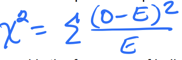 <p>Measures the discrepancy btwn the observed &amp; expected frequencies</p><ul><li><p>Observed = frequency of individuals observed in the __th category</p></li><li><p>Expected = frequency expected in that category under the null</p></li><li><p>Numerator = difference btw the data &amp; what was expected</p></li></ul><p></p><p><strong>WHEN THE DATA PERFECTLY MATCHES EXPECTATIONS OF THE NULL THEN THE X2 VALUE IS ZERO</strong></p><ul><li><p>any deviation leads to x2 &gt; 0</p></li><li><p>x2 uses absolute frequencies for observed &amp; expected NOT the proportions of relative frequencies</p></li></ul><p></p>