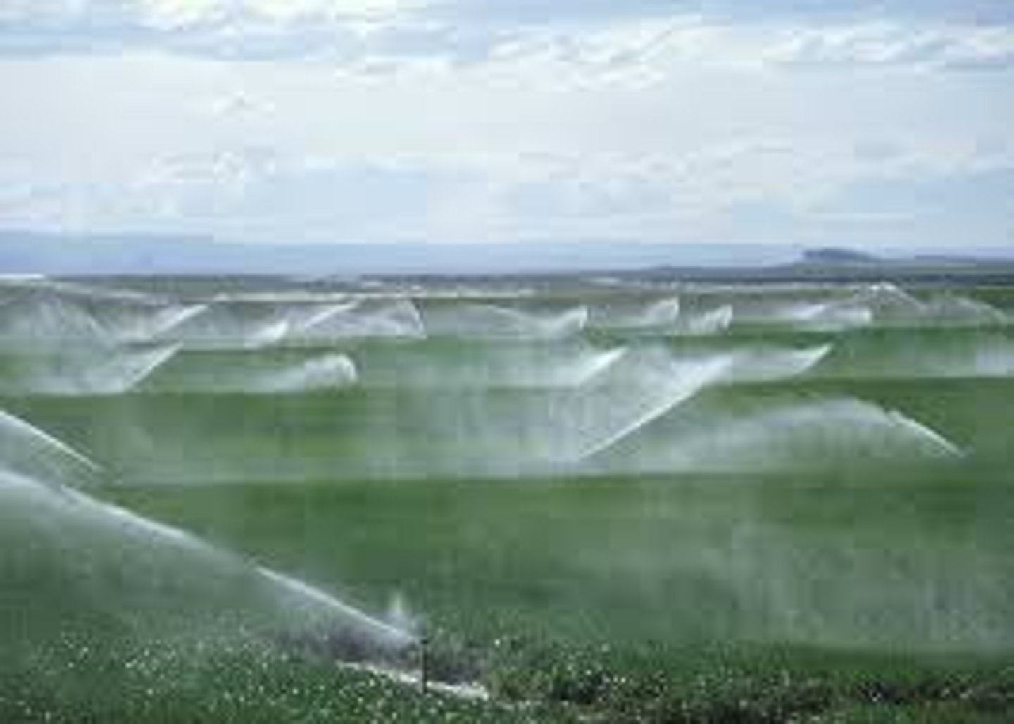 <p>expensive and energy-consuming; 75-95% efficient; water is pumped from a well into an apparatus that contains a series of spray nozzles that spray water across the field</p>