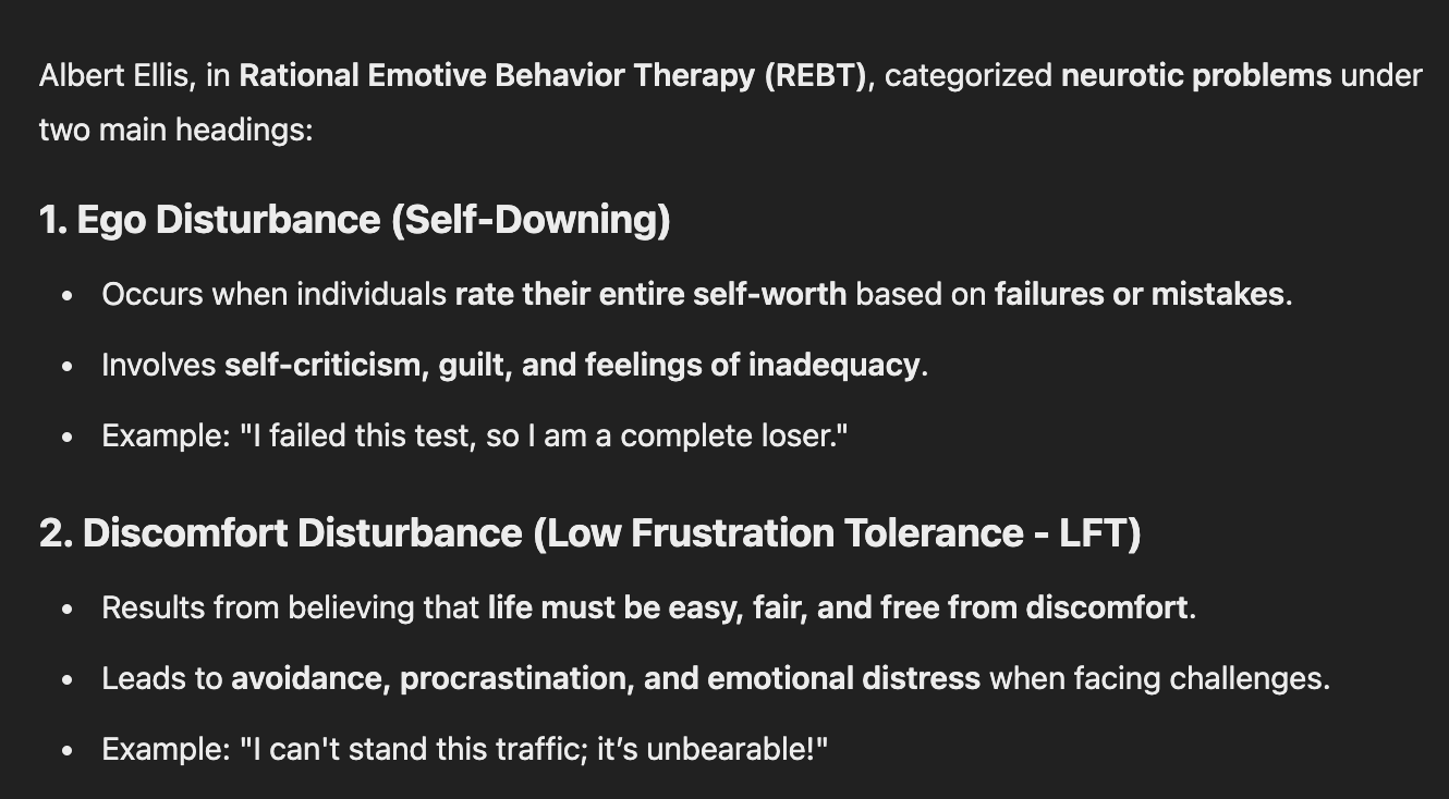 <ol><li><p>Ego disturbances</p></li><li><p>Low frustration tolerance</p></li></ol><p></p>