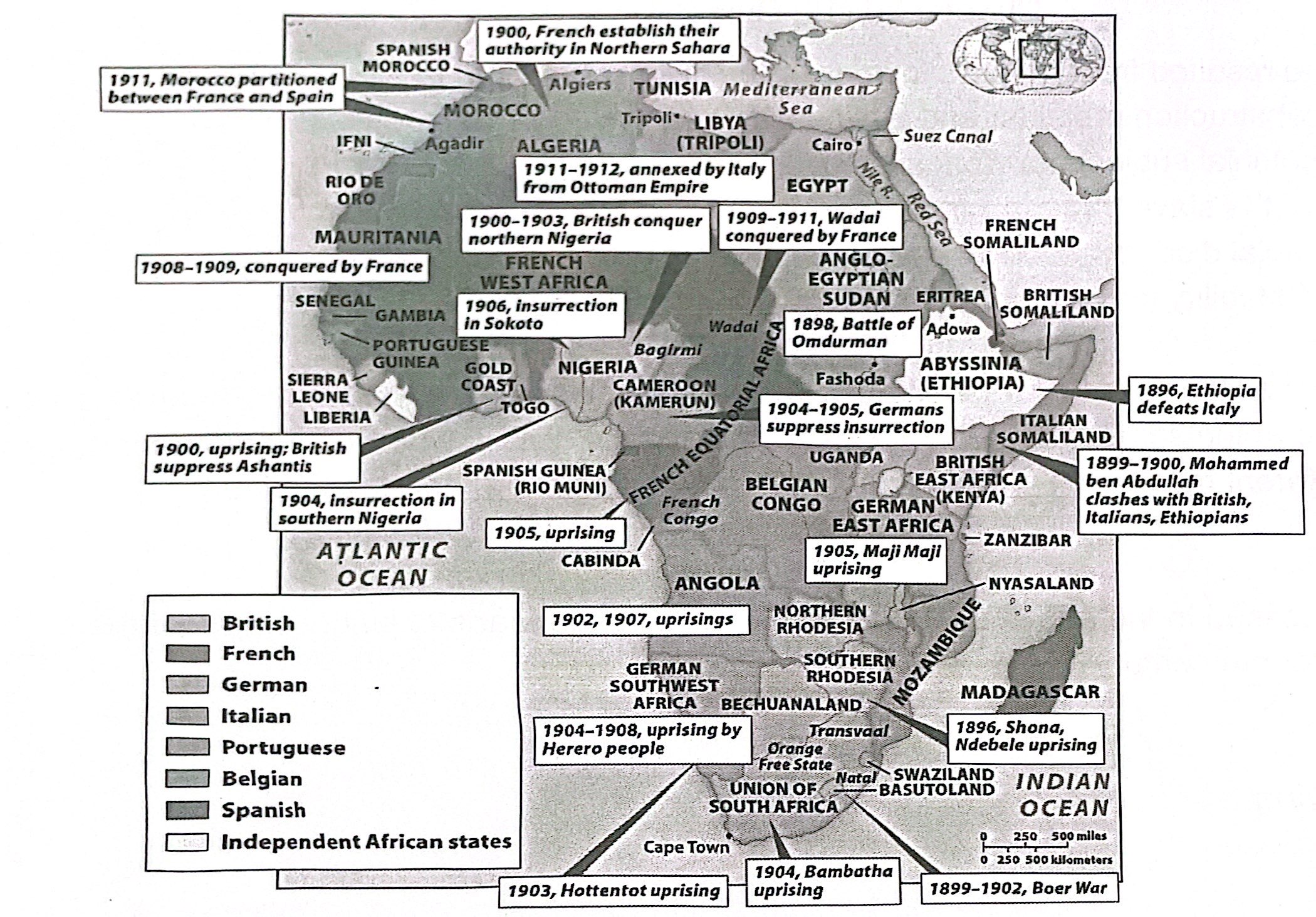 <p><strong>10-6. </strong>The map above reflects the outcome of which of the following?</p><p>a) The scramble for Africa<br>b) The Great Dying<br>c) The Middle Passage<br>d) The African National Congress</p>