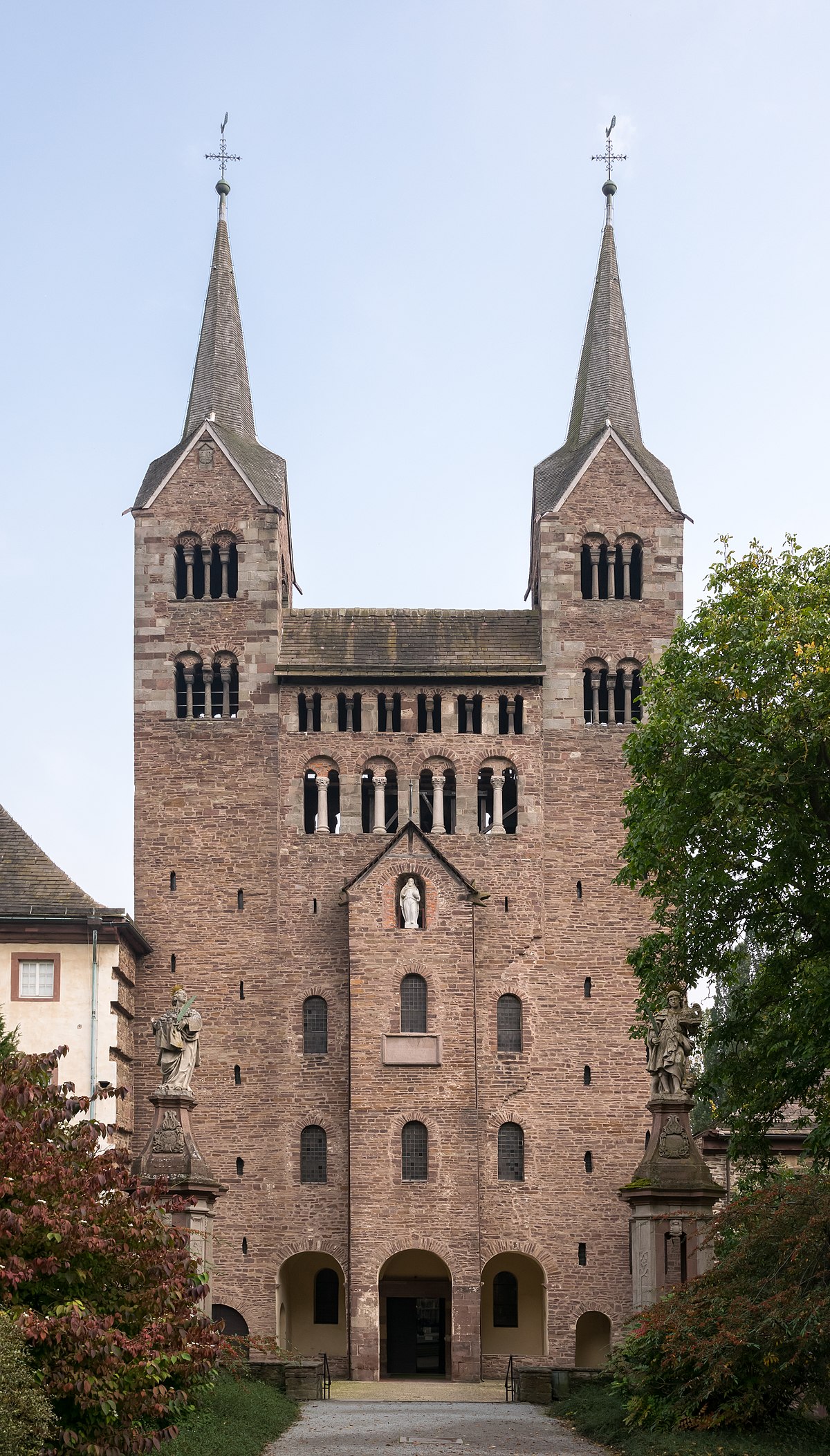 <p>The monumental, west-facing entrance block of a Carolingian, Ottonian, or Romanesque church. The exterior consists of multiple stories between two towers</p>