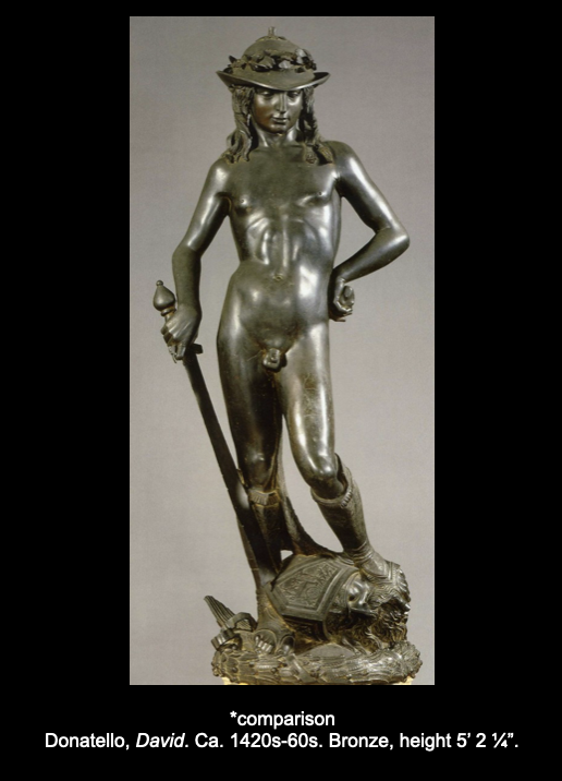 <p>How is this sculpture of Michelango’s David portrayed differently from Donatello’s David? - Tell me the differences </p>