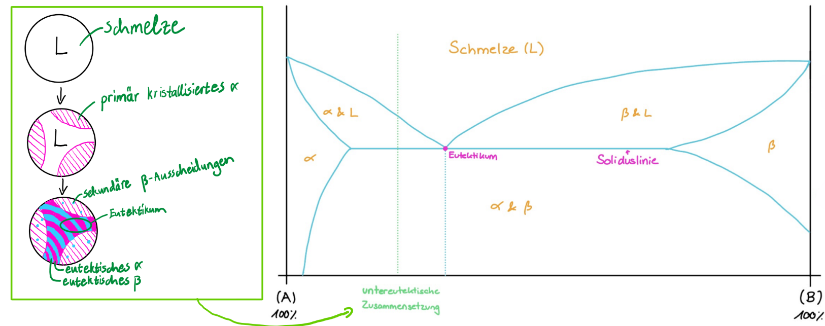 <p>hypoeutektischer = links vom eutekischen Punkt</p><p><span>Eutektikum = Es ist das Phasengemisch, das entsteht, wenn die Restschmelze die eutektische Temperatur unterschreitet.</span></p><p><em>Die Mikrostruktur besteht aus primärer α-Phase, eutektischem α+β-Gefüge (sowie sekundären β-Ausscheidungen in der α-Phase aufgrund der überschrittenen Löslichkeitsgrenze von B in α).</em></p>