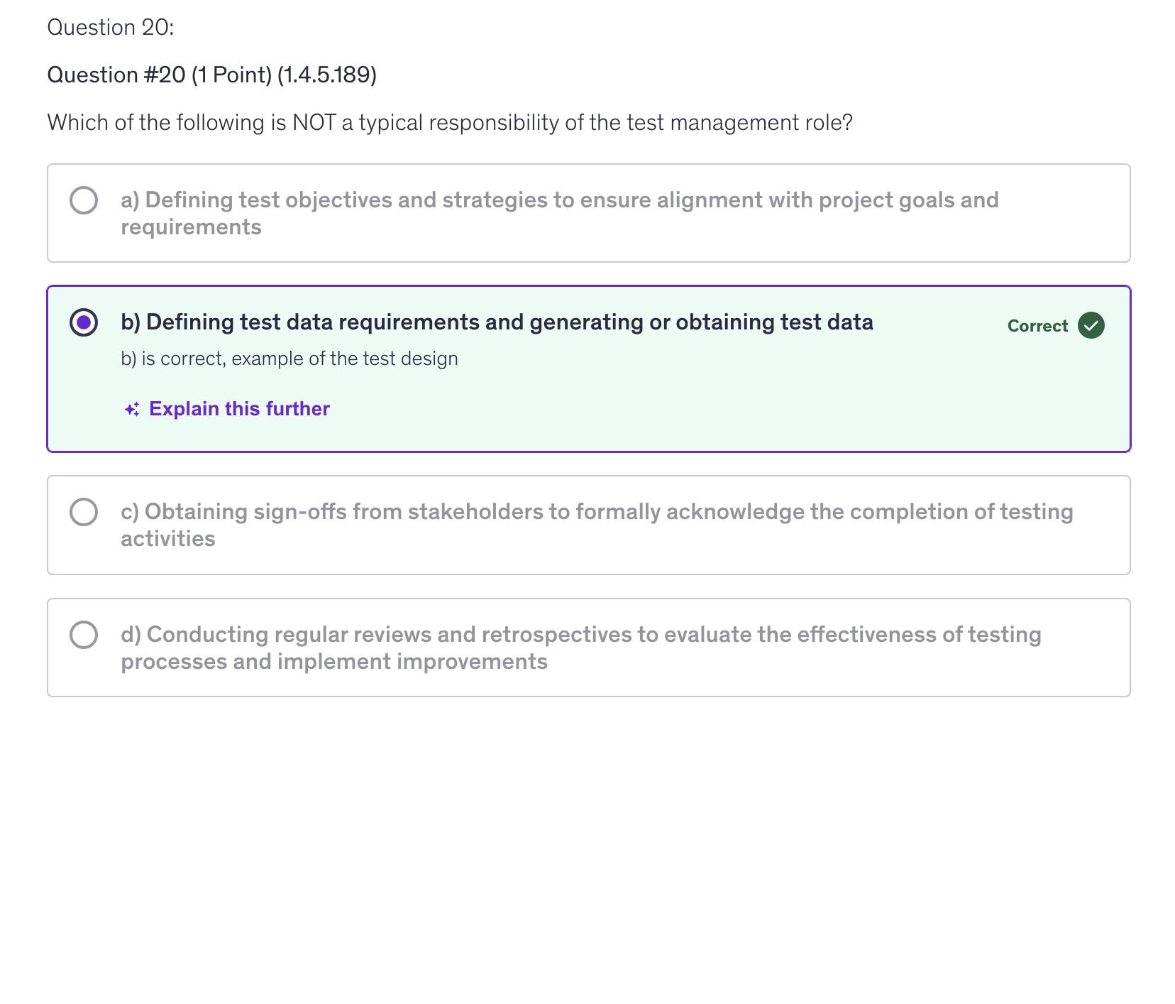 <p>b) Defining test data requirements and generating or obtaining test data</p>