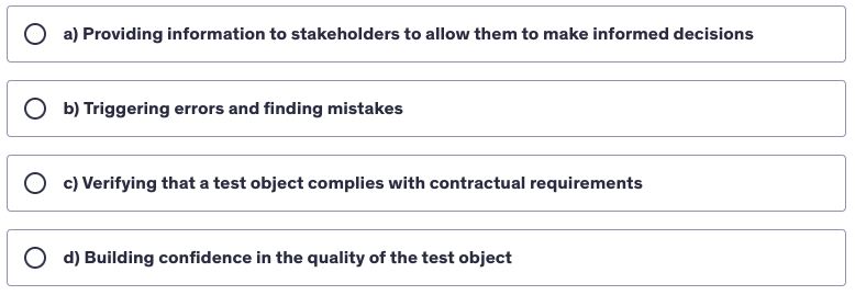 <p>What is not typically considered as a test objective?</p>