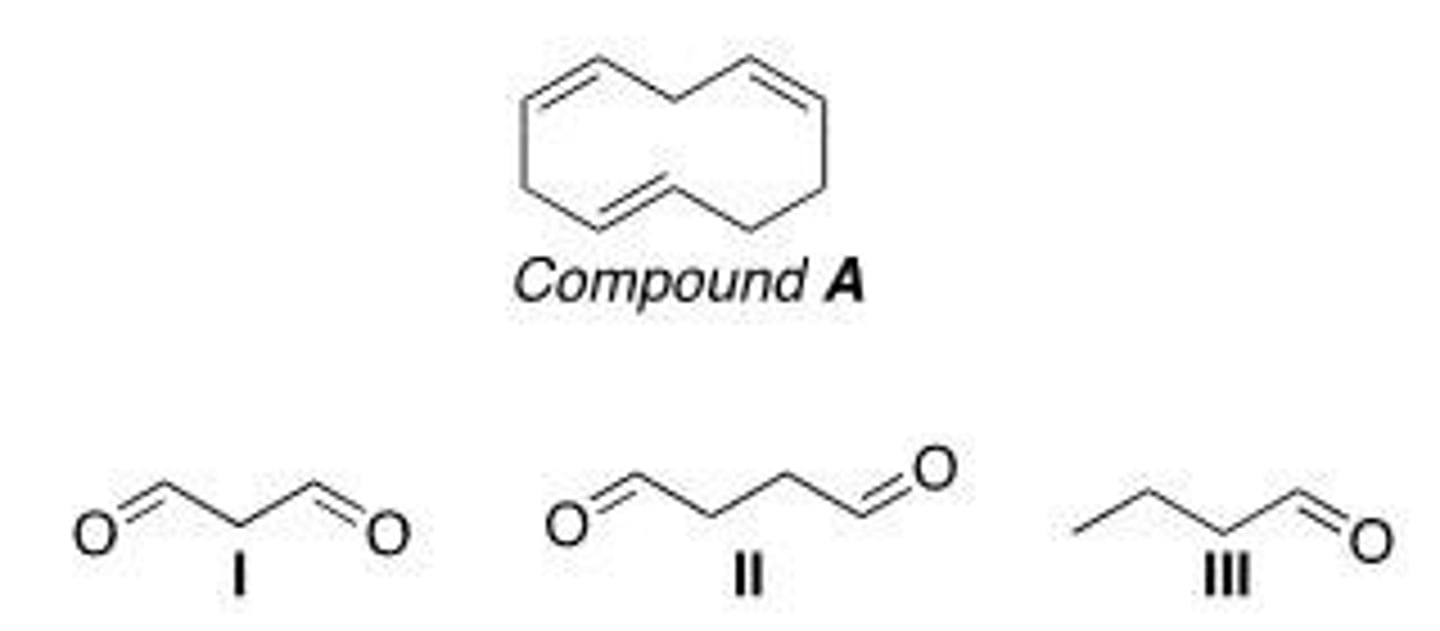 <p>Which of the following is (are) formed by ozonolysis of compound A?</p><p>A. Only I</p><p>B. Only II</p><p>C. I and II</p><p>D. I, II, and III</p>